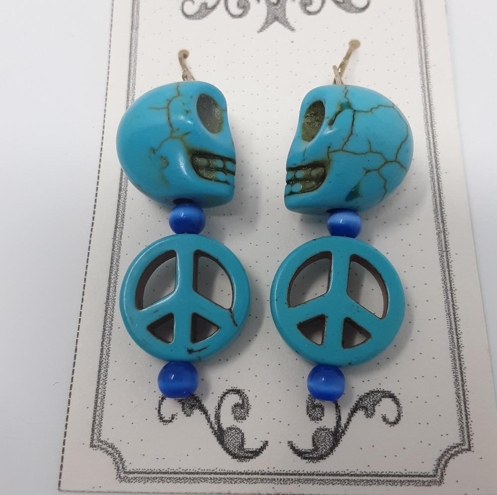 Handmade Skull Peace Sign Repurposed Bead Earrings